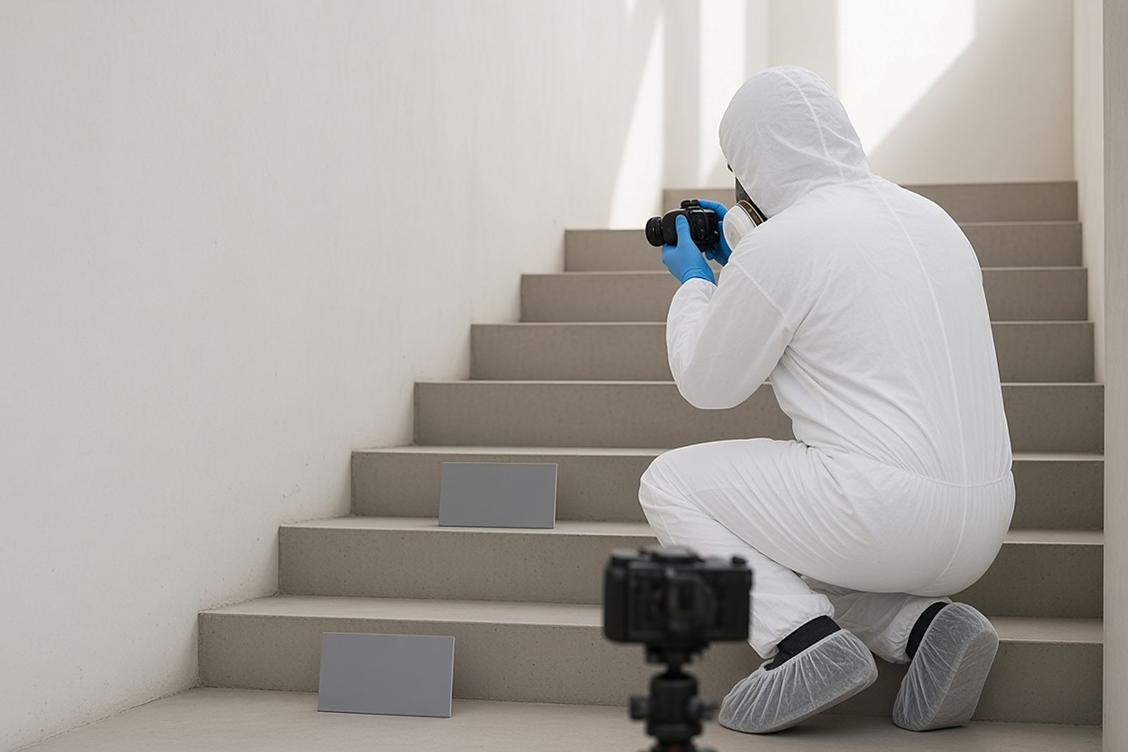 Technician in a protective suit photographing a stairwell with plain markers on the steps